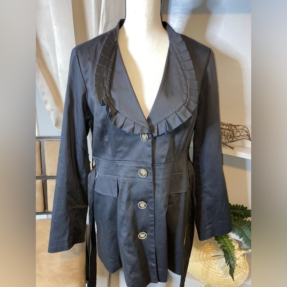 Blue Medium Ruffle Tie Waist Button Women’s Trench Coat Jacket GUC Faux Pockets - Picture 6 of 12